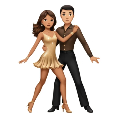 Photorealistic dancesport professional latin couple dancing the rumba at the competition dancefloor, the women is in skinny sparkly dress, the women has brown very long hair, the man has short black hair, the man hold woman's hand by his one hand and his second hand is on the women's waist  sticker