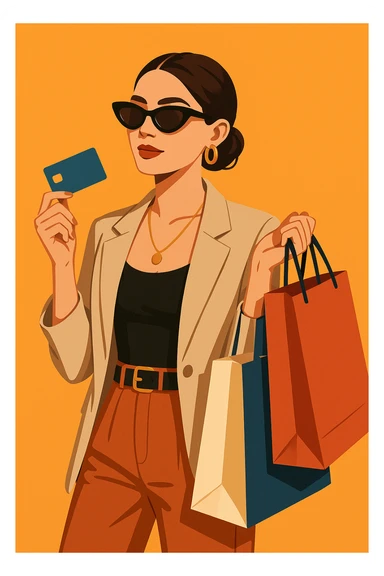 light skin woman with sunglasses, holding a credit card and shopping bags, modern illustration sticker
