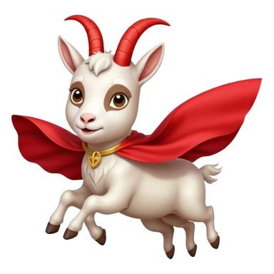 side view of white female goat wearing a read cape like superman sticker