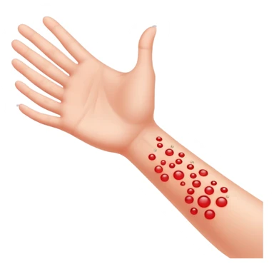 Allergy skin prick test on forearm with small red bumps showing reactions to different allergens, with 5 fingers of the hand visible sticker