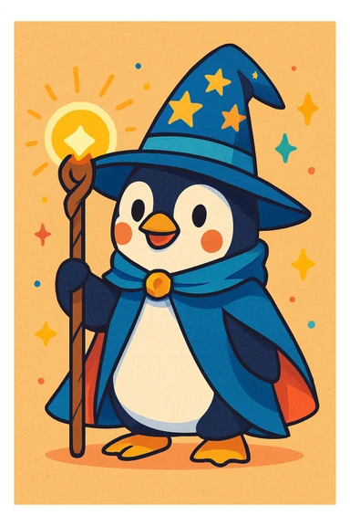 a penguin dressed as a wizard, with a pointy hat and a magic staff, fun whimsical style, colorful vibrant toon illustration sticker