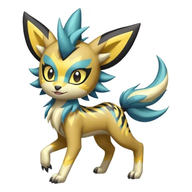 Shiny tropical exciting earthly madly feral 4-legged Feral Lightning-patterned Zig-zagged buzzy fuzzy Meloetta-Renamon-Zeraora-Luxray-Cobalion-Suicune-Vernid-fusion-hybrid-creature, full body  sticker