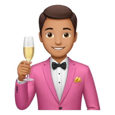 man hosting a dinner party at home wearing a pink suit sticker