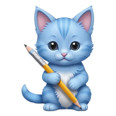 Close-up of a cute blue kitten holding a pencil in its paw, writing something. The pencil is sharpened on only one side. Minimalist design with a focus on the kitten and the pencil, minimal details sticker