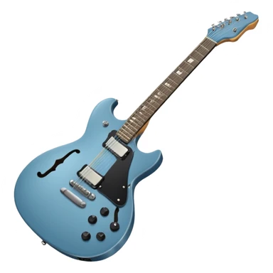 A gray-blue electric guitar with a black pick guard and only one volume knob, make the head tan sticker