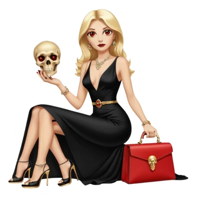 Lilith symbol red eye seductress  length blonde haired powerful woman with Gucci, and Hermes bags next to her. Wearing long dress with slit, sitting on of gold and diamonds. Black Platform high heels on feet. seat stacked with designer bags,  dead human skull of her enemies in her other hand sticker