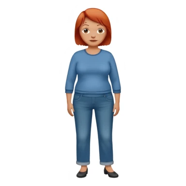 Lazy old Short woman with straight short red hair and fat tummy..wears business casual loose jeans and full sleeve  tshirt. Not smart looking ill fitting clothes sticker