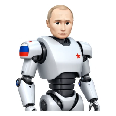 Futuristic robot with Vladimir Putin features and Russian flag colors sticker