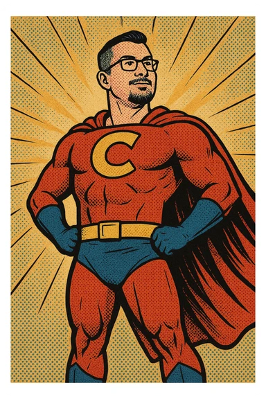 man with short hair, goatee, and glasses dressed as a superhero, standing tall, bold pose, vibrant costume, cape, confident expression, classic comic book style sticker