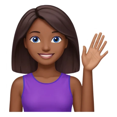 Dark brown hai woman with shoulder-length hair, blue eyes, wearing a purple top, smiling with one hand raised to the side, palm facing up. The gesture looks like she’s presenting something, offering help, or saying “Here you go!”

 sticker