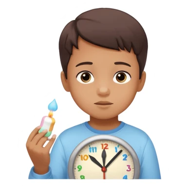 Emoji-style marshmallow test, child choosing between 1 marshmallow now and 2 later, clock above showing 15 minutes, cute lighting and pastel colors sticker