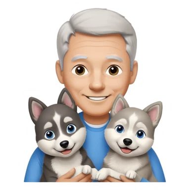 A 60 year old man with blue eyes and short light gray hair and no mustache and slightly big ears, holding a single black and white husky dog with floppy ears and white tuft eyebrows, both smiling sticker