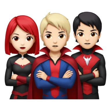 Solo poly platonic relationship, one is south African girl, one is Asian boy, one is biracial features Asian tomboy girl with anime short hair with long hair, vampire and marvel cosplay elements inspired. Could we can less human skin seems so it does not seem racist or something, use marvel colours  sticker