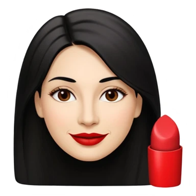 Mulher, 40 anos, pele: Morena clara, rosto: Oval, Cabelos: Lisos, longos, cor preta, repartidos para o lado direito, Olhos: Castanho-escuros, espaçamento normal, Nariz: Tamanho médio, ponte reta, narinas discretas, Boca: Lábios médios, bem definidos, com batom vermelho marcante e sorrindo  sticker