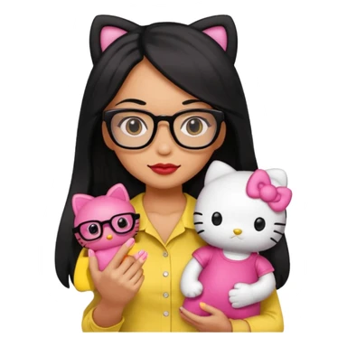 Nails cute with hello kitty wear glasses black long  hair, woman wear yellow shirt , red nails , big hello kitty doll sticker