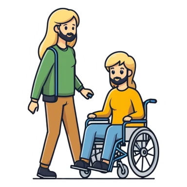 Long blonde haired mom pushing the wheel chair with a man with a beard sticker