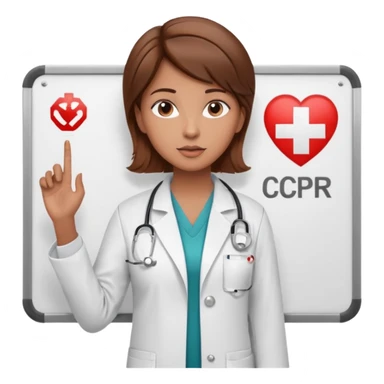 Teacher, female, brown hair up, holding a pointer to a white board with a CPR logo. sticker