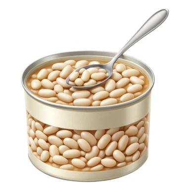 open tin can filled with plump glossy white beans in light slightly starchy broth, smooth oval beans gently piled with natural glisten, metallic shallow partially opened can, no label spoon or garnish, soft lighting, subtle shadows, emoji scale sticker