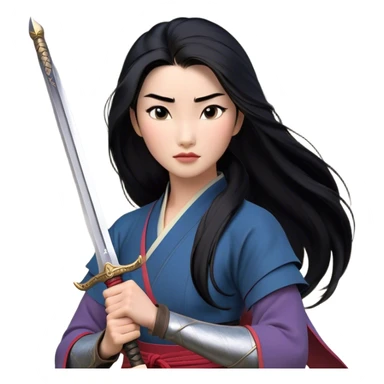 Cinematic Realistic Mulan Portrait, depicted with lifelike skin texture, soft natural lighting, and intricately detailed long black hair styled elegantly. Her deep, expressive eyes exude determination and grace, complemented by a serene yet confident expression. She stands with one hand resting on the hilt of her sword, the other by her side, exuding strength and poise. She is dressed in her classic attire, with rich fabric textures and delicate folds that catch the light beautifully. The portrait features a soft, enchanting glow with a natural, radiant finish, capturing the essence of timeless strength and beauty in a realistic and painterly style, evoking a sense of depth and authenticity. sticker