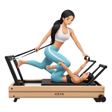 woman with tanned skin, long black hair, wearing a sports bra, doing Pilates on a reformer machine sticker