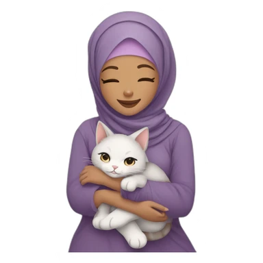 Hijab girl light brown skin purple hijab smiling hugging her cute grey and white cat  sticker