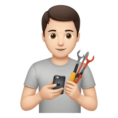 make a white guy with dark brown hair, with a simple white o grey shirt, repairing an iphone happy, tecnician with small real tools for phone sticker