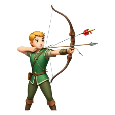 A skilled archer, resembling Robin Hood, drawing a bow and releasing an arrow towards a target. The scene captures the perfect moment of release, with the bowstring taut and the arrow flying toward the bullseye, set in a forest or archery range background. sticker