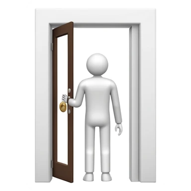 minimalistic icon of a white human figure walking through an open outlined door, viewed from the front, door with visible doorknob, solid green background, flat simple clean lines, high contrast sticker
