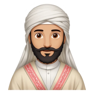 Saudi man emoji style, distinct sharp features, thick beard, white thobe, red shemagh, cheerful friendly look sticker