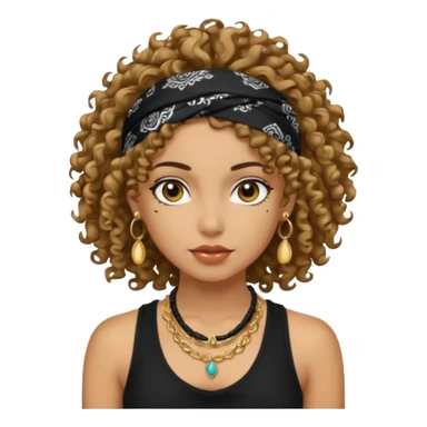 Baddie girl with black  tank top curly hairss and bandana and jwellery sticker