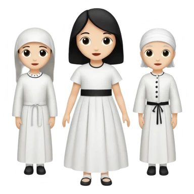 vull un perosnatge estil bimoji que sigui com una nimfa bella i fantasmal amb túniques blanques. Té la pell literalments blanca com el guix, cabell platejat, un nas llarg, ulls negres grans i llavis carmesí. que estigui somrient sense arrecades i roba vermella i blanca sticker