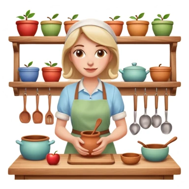 cartoon Apple iOS emoji style woman, pastel colors, Chilean wooden kitchen background, clay pots, warm light, detailed and clean vector art sticker