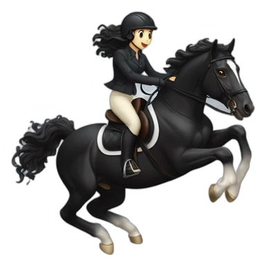 a  JET BLACK HORSE JUMPING AN OBTACLE, tHE HORSES RIDER IS A YOUNG FEMALE WITH LONG CURLY BRUNNET HAIR sticker