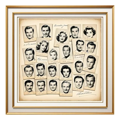 Icon for Autograph Collecting: several vintage framed with signatures of famous celebrities sheets stacked one on top of the other, each . The icon should evoke the charm and history of collecting autographs. Transparent background. sticker