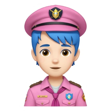 scout boy with very pink scout uniform, blue haired and hat sticker