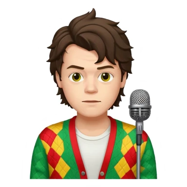 harry styles with a mic, he is wearing a patchwork colorful (red, yellow,green) cardigan and a white t-shirt under sticker
