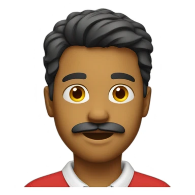 young man with a mustache and a red polo shirt with a yellow collar sticker