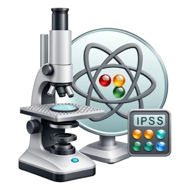 An icon featuring two-ocular electron microscope, a metal alloy, atomic structure symbols, a crystal structure. The design includes different materials like metals, ceramics and polymers, alongside a stamp representing testing and quality control. Transparent background sticker