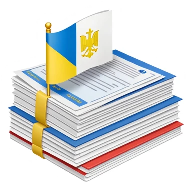 stack of official documents with Ukrainian flag sticker