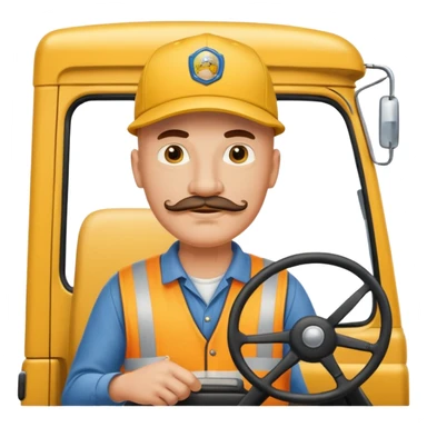 bald truck driver with mustache and baseball cap driving yellow semi sleeper truck sticker
