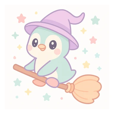 a playful penguin wizard flying on a broomstick, with a wizard hat flapping in the wind, cartoon style sticker