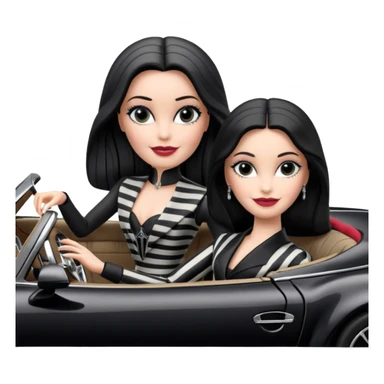 Darth Vader Barbie, 1910 teen Morticia Addams from academy, in dark-gray and black striped outfit. Smiling Driving Mercedes 450 convertible sports car. Pale-white porcelain skin.  sticker