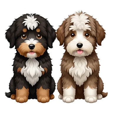 2 dogs: one light brown Aussiedoodle, one all-black Bernedoodle with white eyebrows. Both same size. sticker