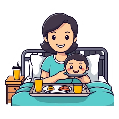Mother's Day sticker, breakfast in bed for mom, playful, cartoon style sticker