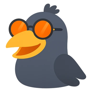 Make the bird emoji even less realistic—more cartoonish and simplified, but keep the same pose, orange beak, and round sunglasses. Minimal feather texture, smooth shading, and a playful look. Bird with a big smile. No background. Maintain the style of the original bird emoji but make it more cartoonish and simplified. sticker