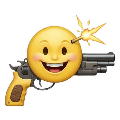 Yellow laughing face pointing gun at its own mount. The barrel of the gun is pointed towards the smile into the mouth. The back of the gun faces the viewer sticker