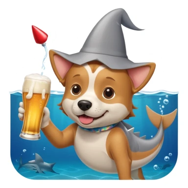 Dog drinking a beer in a fancy glass while swimming with a shark sticker