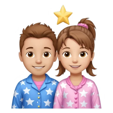 4 year old brown spikey haired boy with blue pajamas with stars on them and a 1 year old brown haired pony tail girl with pink pajamas, and stars on them with light skin. Top left on, can you make them smile more with lighter skin sticker