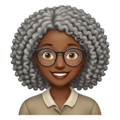 smiling dark black woman wearing glasses with lots of curly gray hair a sticker