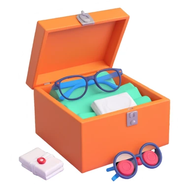 An open box containing a protective amulet from mom, a vinyl record from a friend, bandages, and glasses sticker
